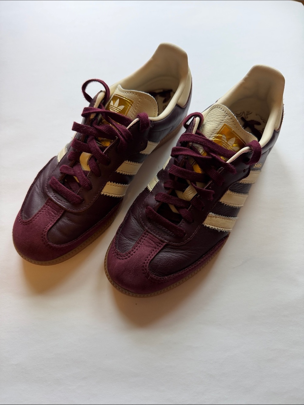 adidas Burgundy and Cream Samba Leather Sneakers w/gold logo on tongue